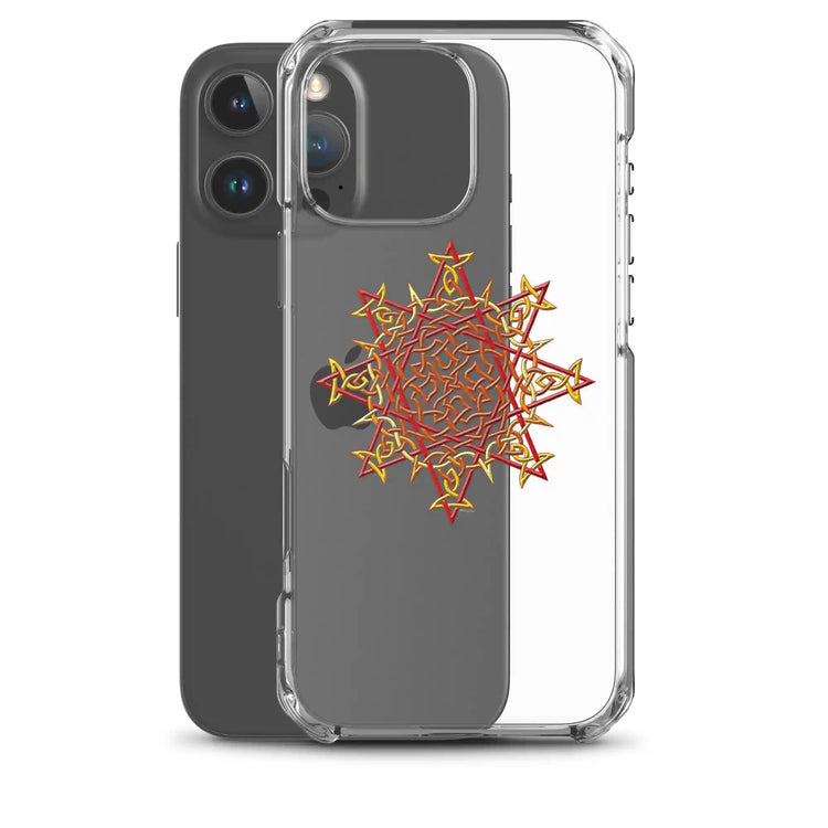 An iPhone 16 Pro Max behind a Xigfireon clear phone case featuring the Fire Colour iteration of the `Morning Star Fire` Celtic knot design. The `Morning Star Fire` Celtic knot design represents Father Sun.