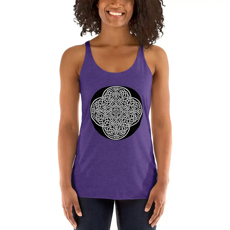A young woman, viewed from the front, wearing a purple rush Xigfireon graphic women&