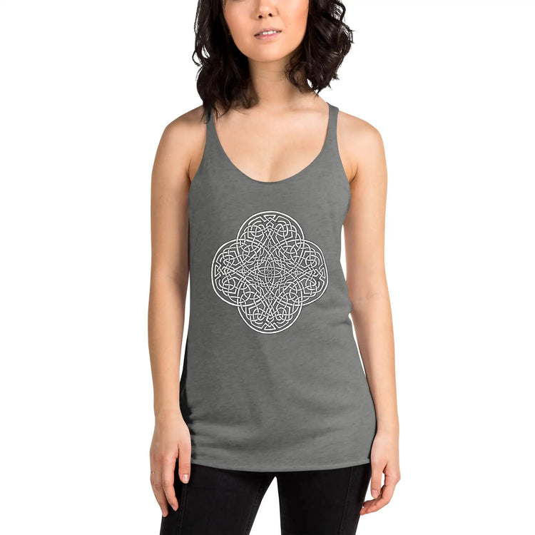 A young woman, viewed from the front, wearing a heather Xigfireon graphic women&