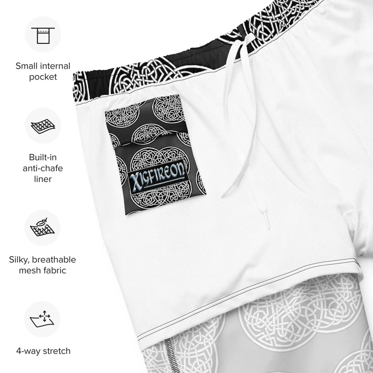 A list of product features beside a photo of the inside of a pair of Xigfireon graphic swim trunks featuring the Black & White Solid Forest patterned series of the `Reach Of The Spirit` Celtic knot design. Features include small internal pocket, built-in anti-chafe liner, silky, breathable mesh fabric, and 4-way stretch. The Xigfireon logo is visible on the inside pocket.