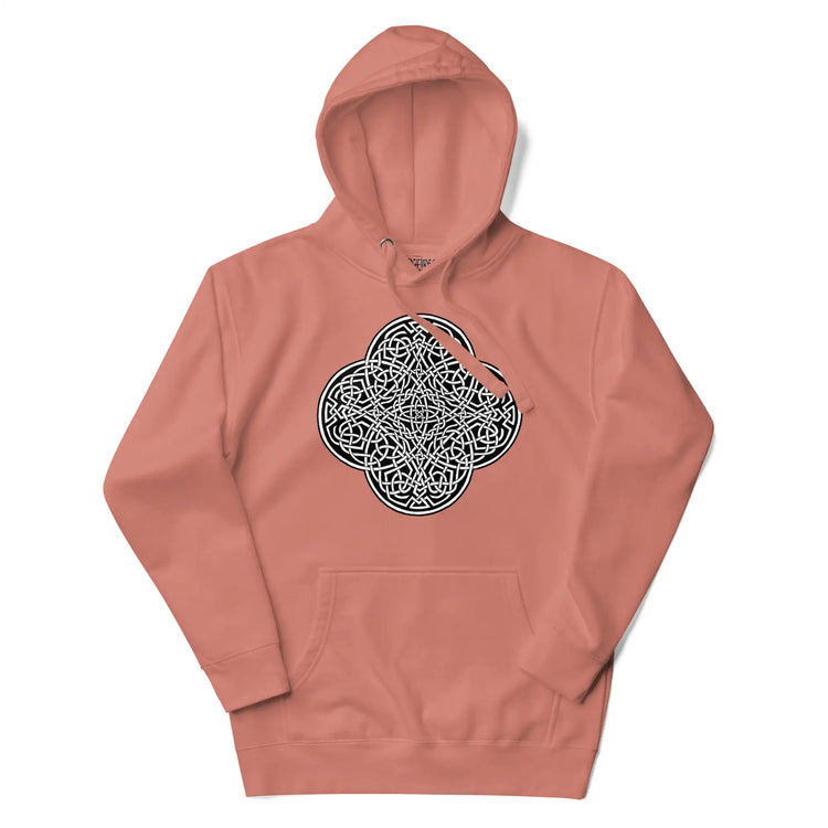A dusty rose Xigfireon graphic hoodie featuring the Black & White Solid iteration of the `Reach Of The Spirit` Celtic knot design. The `Reach Of The Spirit` Celtic knot is an Earth symbol.