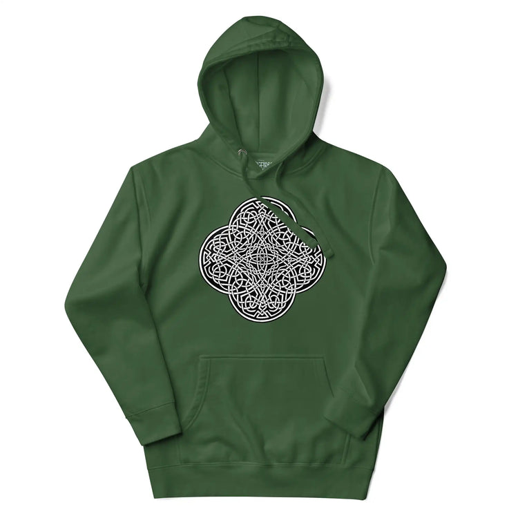 A forest green Xigfireon graphic hoodie featuring the Black & White Solid iteration of the `Reach Of The Spirit` Celtic knot design. The `Reach Of The Spirit` Celtic knot is an Earth symbol.