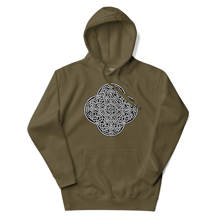 A military green Xigfireon graphic hoodie featuring the Black & White Solid iteration of the `Reach Of The Spirit` Celtic knot design. The `Reach Of The Spirit` Celtic knot is an Earth symbol.