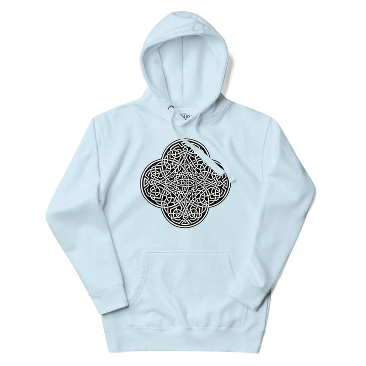 A sky blue Xigfireon graphic hoodie featuring the Black & White Solid iteration of the `Reach Of The Spirit` Celtic knot design. The `Reach Of The Spirit` Celtic knot is an Earth symbol.