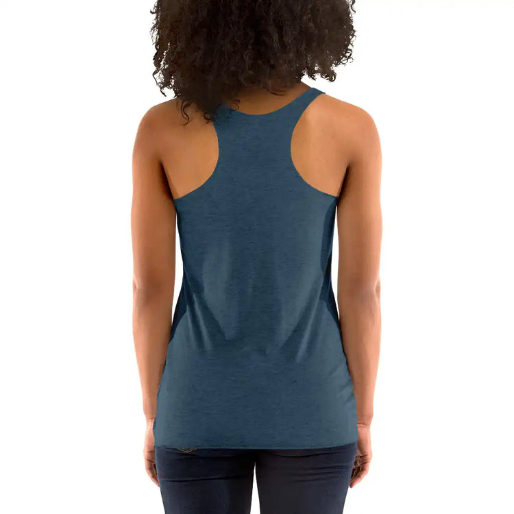 A young woman, viewed from behind, wearing an indigo Xigfireon graphic women&