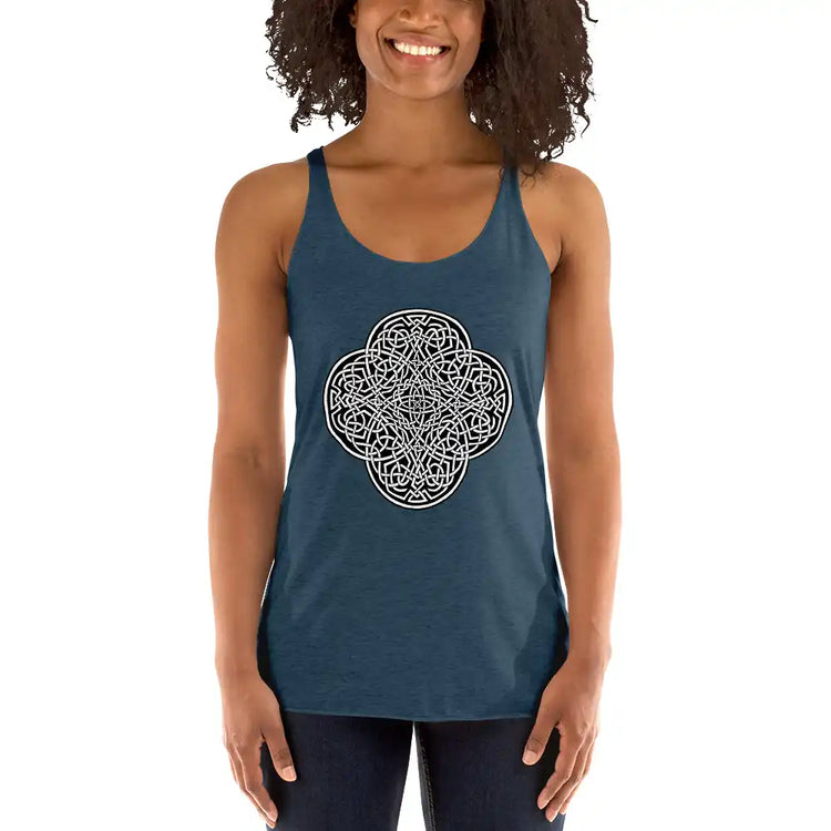 A young woman, viewed from the front, wearing an indigo Xigfireon graphic women&