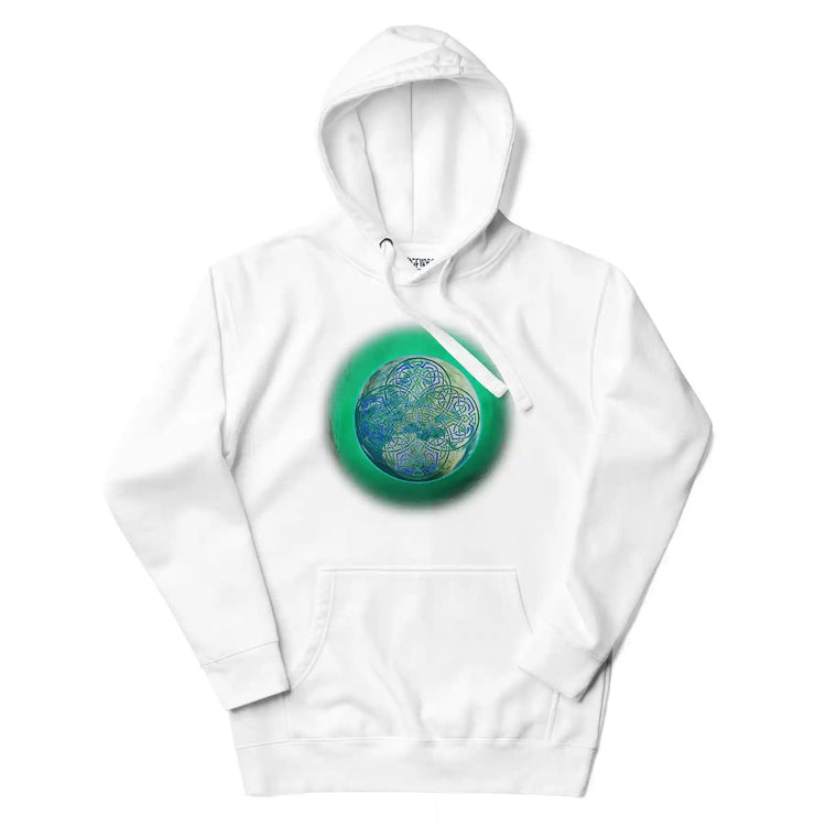 A white Xigfireon graphic hoodie featuring the Deep Forest iteration of the `Reach Of The Spirit` Celtic knot design.