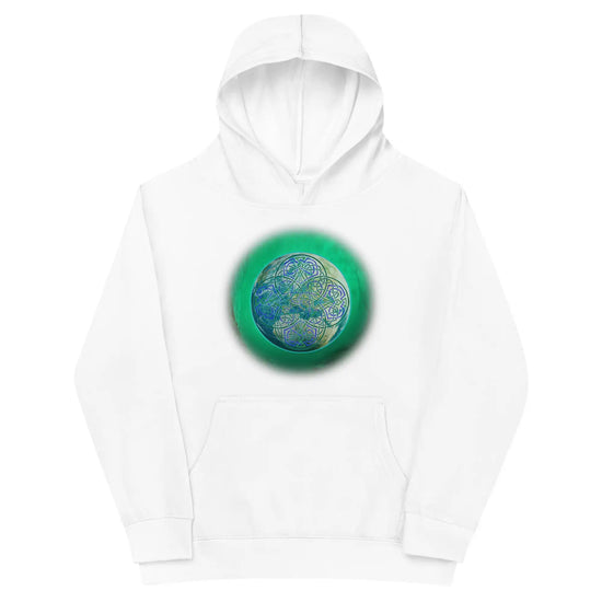 A kids white graphic hoodie featuring the Deep Forest iteration of the `Reach Of The Spirit` Celtic knot design.