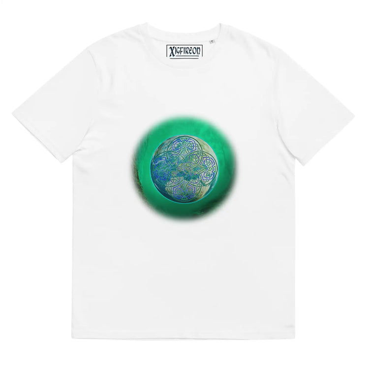 A white Xigfireon graphic organic cotton t-shirt featuring the Deep Forest iteration of the `Reach Of The Spirit` Celtic knot design. The `Reach Of The Spirit` Celtic knot represents the glorious Earth.