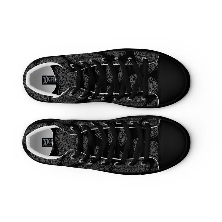 A view from above of a pair of Xigfireon black soled canvas high tops featuring the Greyscale iteration of the `Reach Of The Spirit` Celtic knot pattern. The Xigfireon logo is visible inside each shoe.
