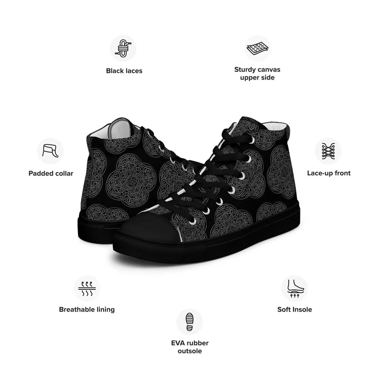 A list of product features surrounding a pair of Xigfireon black soled canvas high tops featuring the Greyscale iteration of the `Reach Of The Spirit` Celtic knot pattern. Product features include black laces, sturdy canvas upper side, padded collar, lace-up front, breathable lining, soft insole, and EVA rubber outsole.