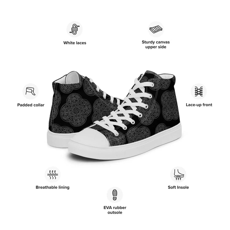 A list of product features surrounding a pair of canvas high tops featuring the Greyscale iteration of the `Reach Of The Spirit` Celtic knot pattern. Features include white laces, sturdy canvas upper side, padded collar, lace-up front, breathable lining, soft insole, and EVA rubber outsole.