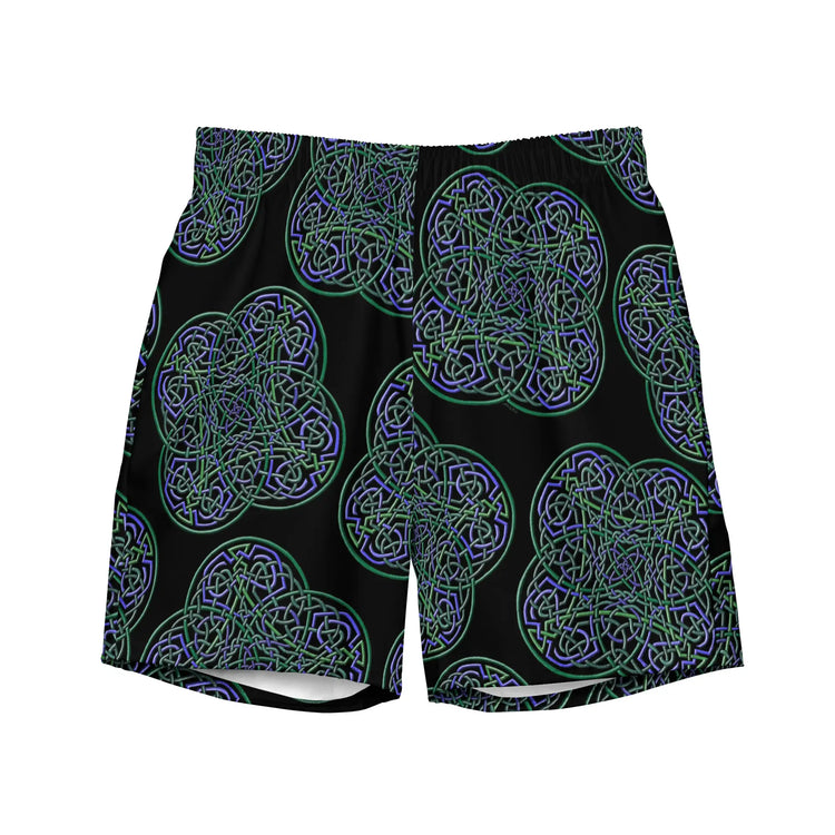 The front side of a pair of Xigfireon graphic swim trunks featuring the Living Colour Black patterned series of the `Reach Of The Spirit` Celtic knot design.