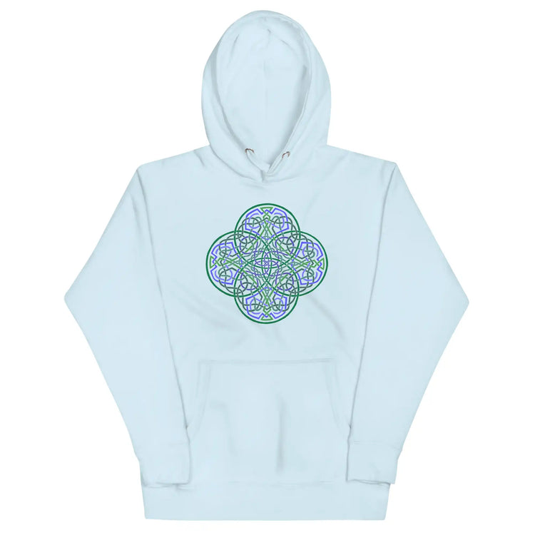 A sky blue Xigfireon graphic hoodie featuring the Living Colour Flat iteration of the `Reach Of The Spirit` Celtic knot design. The `Reach Of The Spirit` Celtic knot represents the Earth.