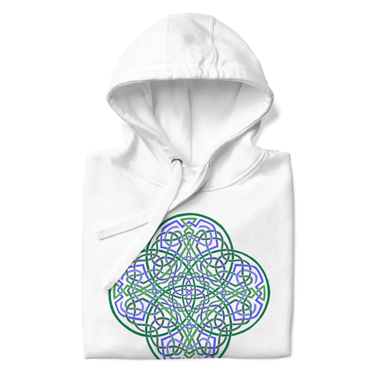 A folded white Xigfireon graphic hoodie featuring the Living Colour Flat iteration of the `Reach Of The Spirit` Celtic knot design. The `Reach Of The Spirit` Celtic knot symbolizes the Earth.