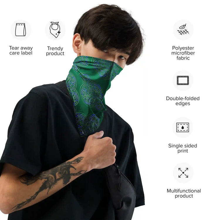 Some product specs diplayed along side a young man wearing a Xigfireon bandana adorned with the `Reach Of The Spirit` Living Colour Forest Celtic knot pattern. The specs read: Tear away care label, Trendy product, Polyester microfiber fabric, Double-folded edges, Single sided print, and Multifunctional product.