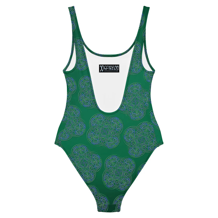 The back side of a Xigfireon graphic swimsuit featuring the Living Colour Forest (Small) patterned series of the `Reach Of The Spirit` Celtic knot design.
