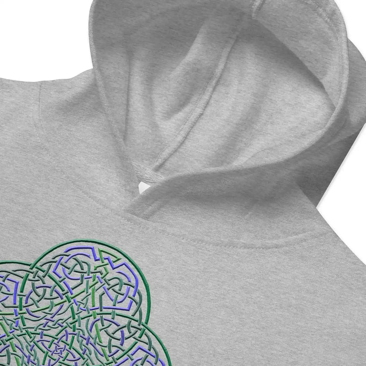 A zoomed-in view of a kids athletic heather graphic hoodie featuring the Living Colour iteration of the `Reach Of The Spirit` Celtic knot design.