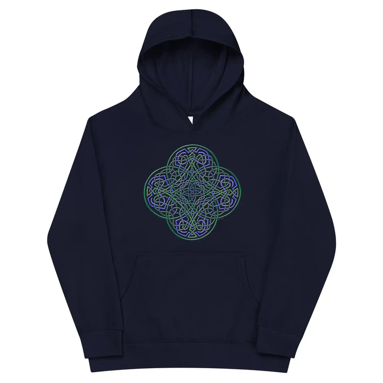 A kids navy blazer graphic hoodie featuring the Living Colour iteration of the `Reach Of The Spirit` Celtic knot design.