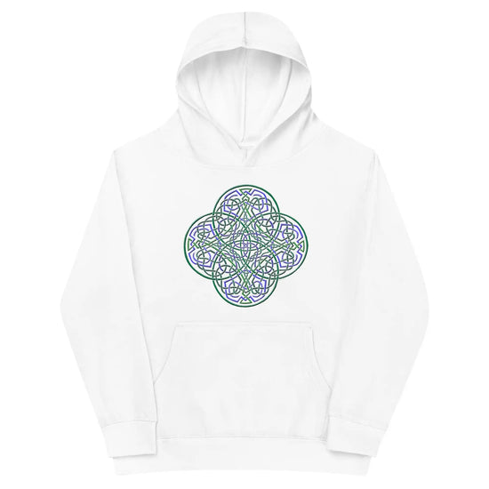 A kids white graphic hoodie featuring the Living Colour iteration of the `Reach Of The Spirit` Celtic knot design.