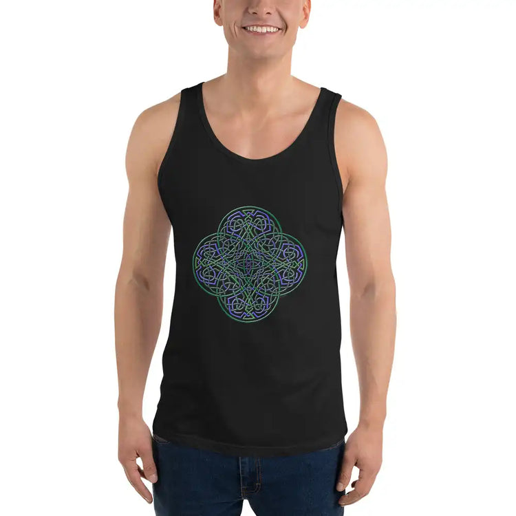 A young man wearing a black graphic tank top featuring the Living Colour iteration of the `Reach Of The Spirit` Celtic knot design.