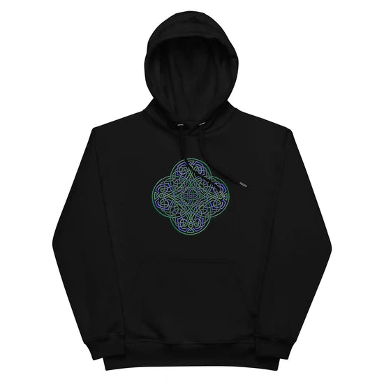 A black Xigfireon graphic eco-friendly hoodie featuring the Living Colour iteration of the `Reach Of The Spirit` Celtic knot design. The `Reach Of The Spirit` Celtic knot symbolizes the Earth.