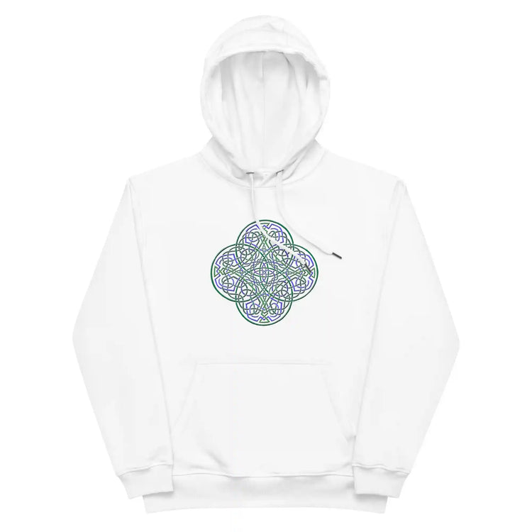 A white Xigfireon graphic eco-friendly hoodie featuring the Living Colour iteration of the `Reach Of The Spirit` Celtic knot design. The `Reach Of The Spirit` Celtic knot represents our magnificent Mother Earth.