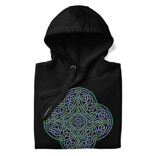 A folded black Xigfireon graphic hoodie featuring the Living Colour iteration of the `Reach Of The Spirit` Celtic knot design. The `Reach Of The Spirit` Celtic knot symbolizes Mother Earth.