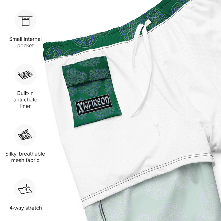 A list of product features beside a photo of the inside of a pair of Xigfireon graphic swim trunks featuring the Living Colour Forest (small) patterned series of the `Reach Of The Spirit` Celtic knot design. Features include small internal pocket, built-in anti-chafe liner, silky, breathable mesh fabric, and 4-way stretch. The Xigfireon logo is visible on the inside pocket.