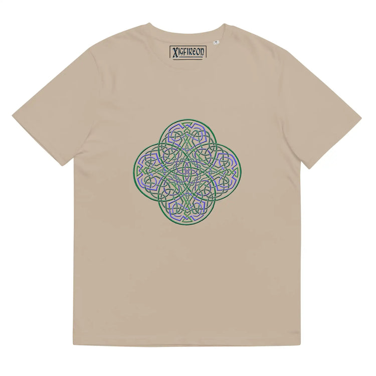 A desert dust Xigfireon graphic organic cotton t-shirt featuring the Living Colour iteration of the `Reach Of The Spirit` Celtic knot design. The `Reach Of The Spirit` Celtic knot represents our amazing Mother Earth.