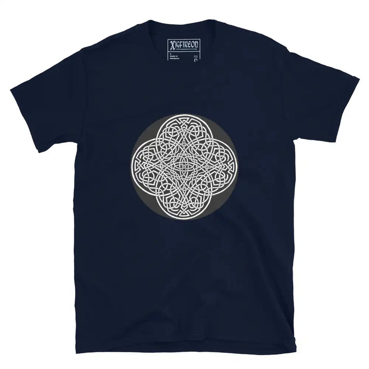 A navy blue Xigfireon graphic t-shirt featuring the Black & White Circle iteration of the `Reach Of The Spirit` Celtic knot design. The `Reach Of The Spirit` Celtic knot represents Mother Earth.