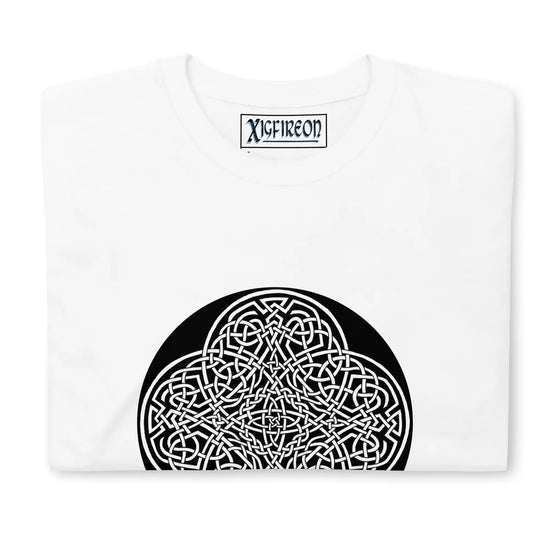 A folded white Xigfireon graphic t-shirt featuring the Black & White Circle iteration of the `Reach Of The Spirit` Celtic knot design. The `Reach Of The Spirit` Celtic knot represents Mother Earth.