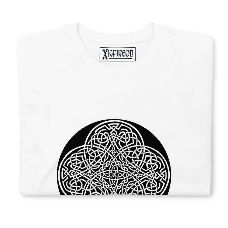 A folded white Xigfireon graphic t-shirt featuring the Black & White Circle iteration of the `Reach Of The Spirit` Celtic knot design. The `Reach Of The Spirit` Celtic knot represents Mother Earth.
