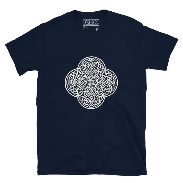 A navy blue Xigfireon graphic t-shirt featuring the Black & White Hollow iteration of the `Reach Of The Spirit` Celtic knot design. The `Reach Of The Spirit` Celtic knot is an Earth symbol.