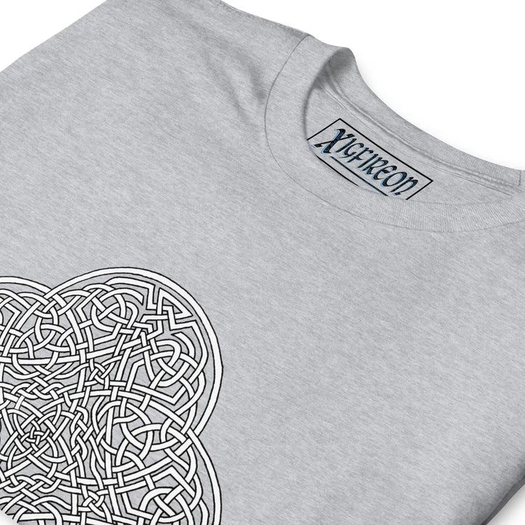 A close-up view of a sport grey Xigfireon graphic t-shirt featuring the Black & White Hollow iteration of the `Reach Of The Spirit` Celtic knot design. The `Reach Of The Spirit` Celtic knot is an Earth symbol.