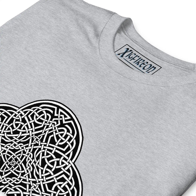 A close-up view of a sport grey Xigfireon graphic t-shirt featuring the Black & White Solid iteration of the `Reach Of The Spirit` Celtic knot design. The `Reach Of The Spirit` Celtic knot represents Mother Earth.