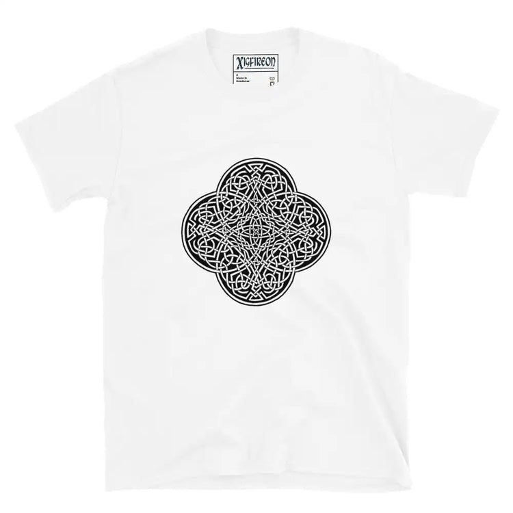 A white Xigfireon graphic t-shirt featuring the Black & White Solid iteration of the `Reach Of The Spirit` Celtic knot design. The `Reach Of The Spirit` Celtic knot represents Mother Earth.