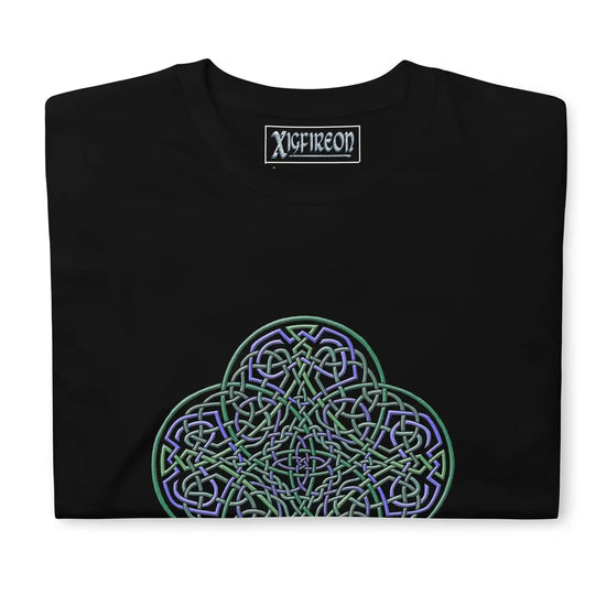 A folded black Xigfireon graphic t-shirt featuring the Living Colour iteration of the `Reach Of The Spirit` Celtic knot design. The `Reach Of The Spirit` Celtic knot symbolizes the Earth.