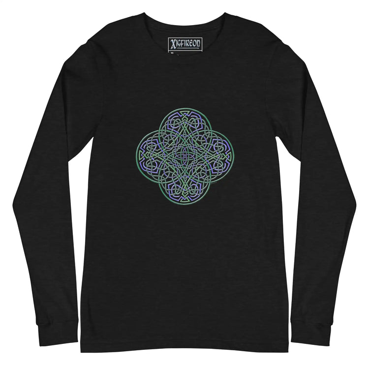 A black heather Xigfireon long sleeve graphic t-shirt featuring the Living Colour iteration of the `Reach Of The Spirit` Celtic knot design. The `Reach Of The Spirit` Celtic knot symbolizes Mother Earth.