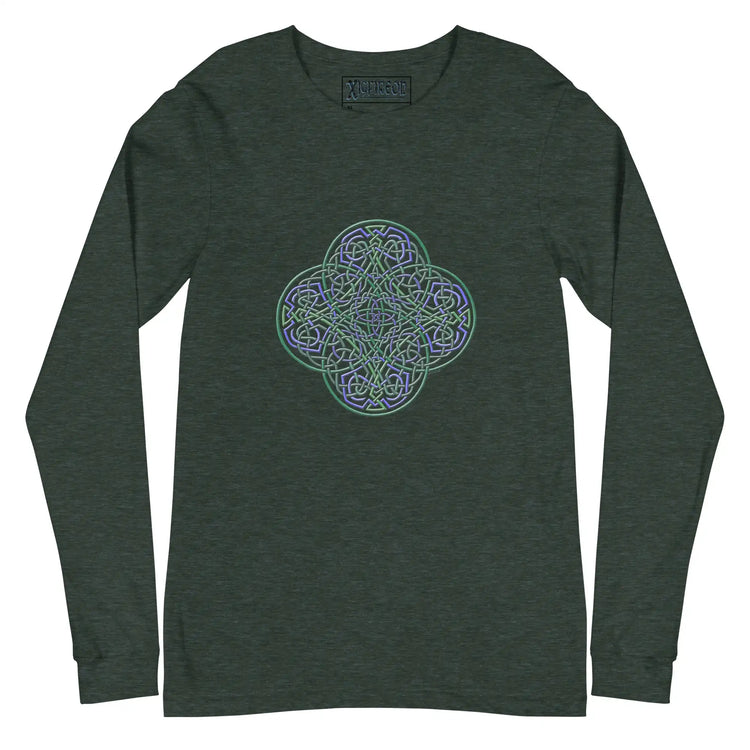 A heather forest green Xigfireon long sleeve graphic t-shirt featuring the Living Colour iteration of the `Reach Of The Spirit` Celtic knot design. The `Reach Of The Spirit` Celtic knot symbolizes Mother Earth.