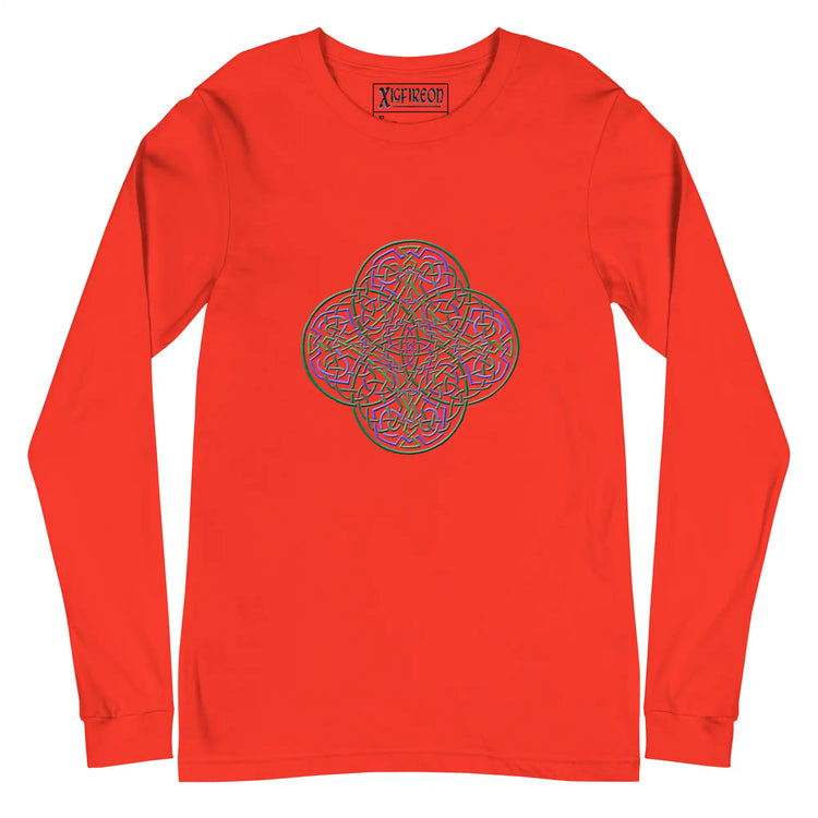 A poppy Xigfireon long sleeve graphic t-shirt featuring the Living Colour iteration of the `Reach Of The Spirit` Celtic knot design. The `Reach Of The Spirit` Celtic knot symbolizes Mother Earth.