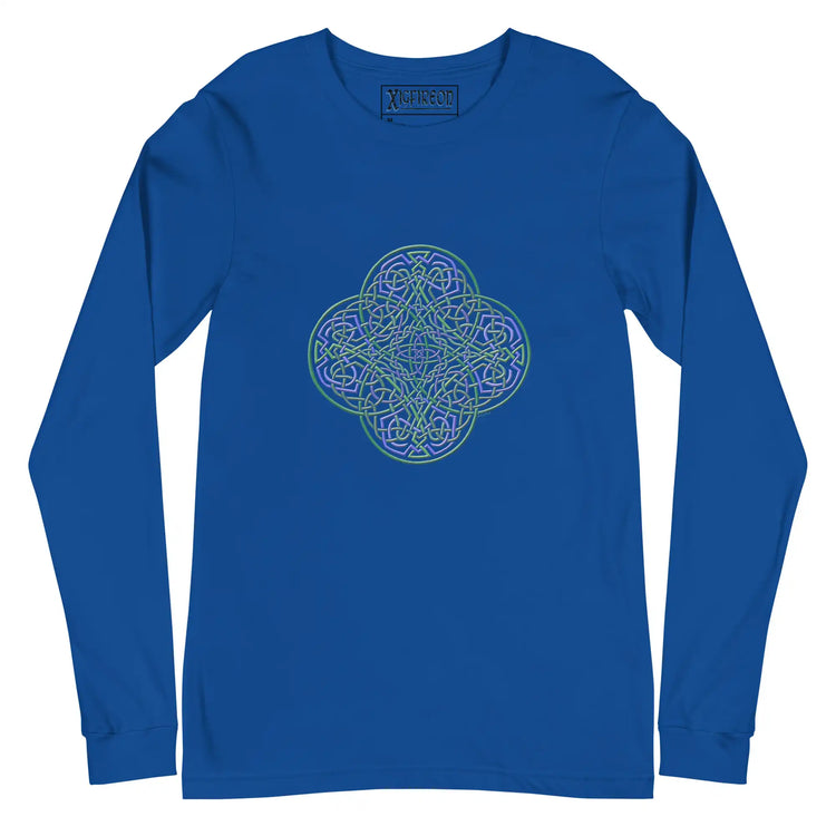 A true royal blue Xigfireon long sleeve graphic t-shirt featuring the Living Colour iteration of the `Reach Of The Spirit` Celtic knot design. The `Reach Of The Spirit` Celtic knot symbolizes Mother Earth.
