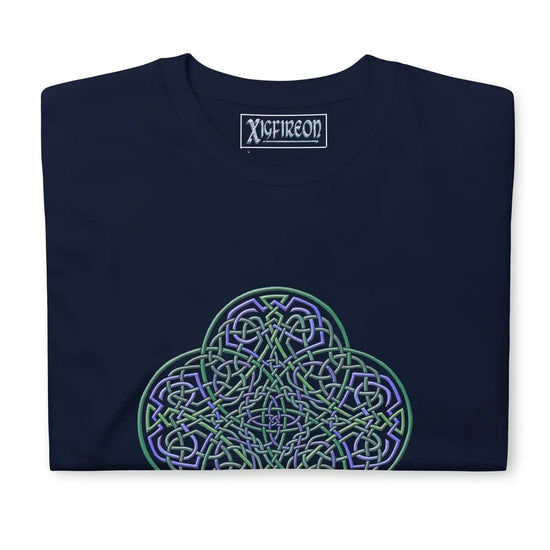 A folded navy blue Xigfireon graphic t-shirt featuring the Living Colour iteration of the `Reach Of The Spirit` Celtic knot design. The `Reach Of The Spirit` Celtic knot symbolizes the Earth.