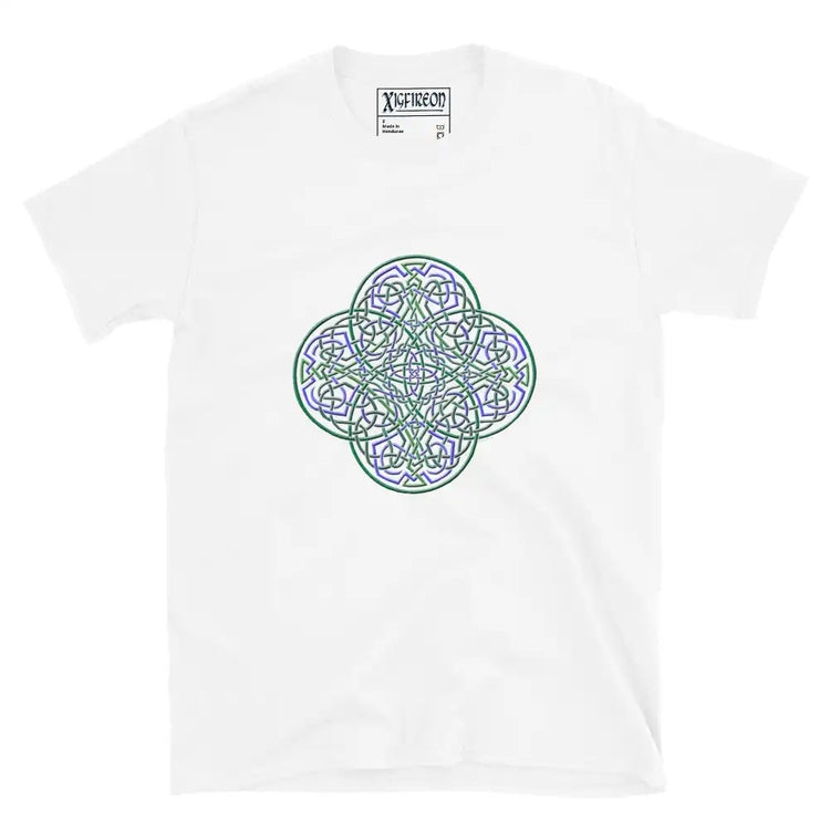 A white Xigfireon graphic t-shirt featuring the Living Colour iteration of the `Reach Of The Spirit` Celtic knot design. The `Reach Of The Spirit` Celtic knot symbolizes the Earth.