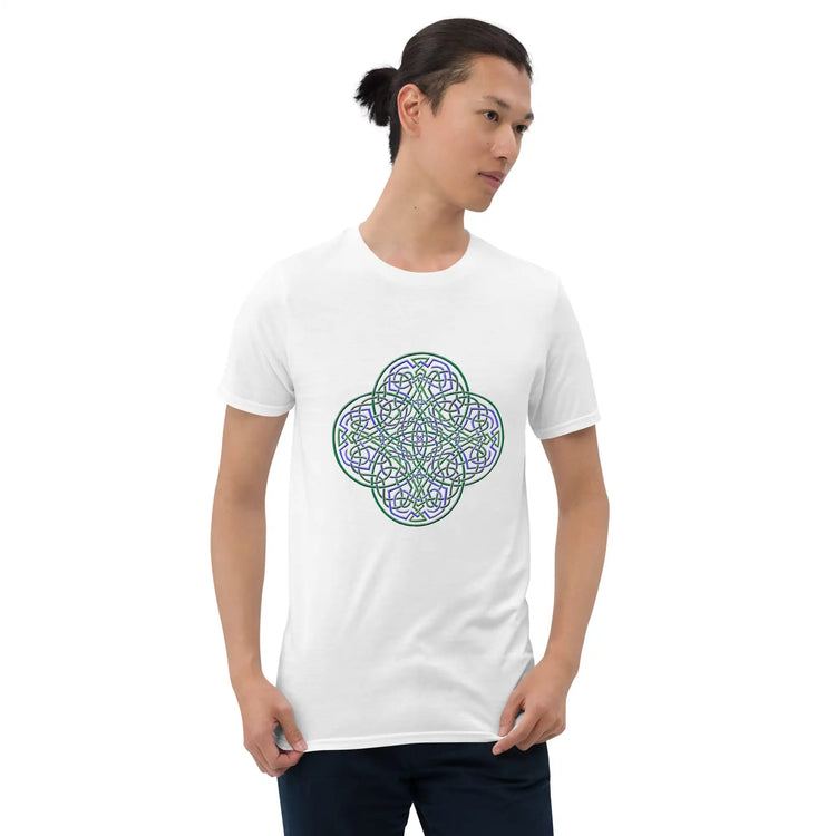 A young man wearing a white Xigfireon graphic t-shirt featuring the Living Colour iteration of the `Reach Of The Spirit` Celtic knot design. The `Reach Of The Spirit` Celtic knot symbolizes the Earth.