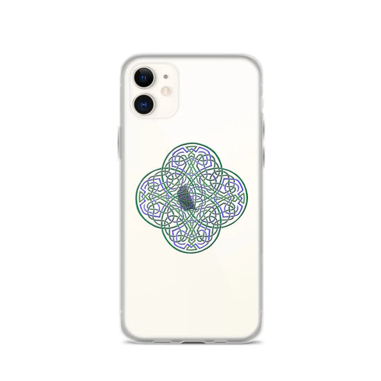 An iPhone 11 in a Xigfireon clear phone case featuring the Living Colour iteration of the `Reach Of The Spirit` Celtic knot design. The `Reach Of The Spirit` Celtic knot design represents Mother Earth.