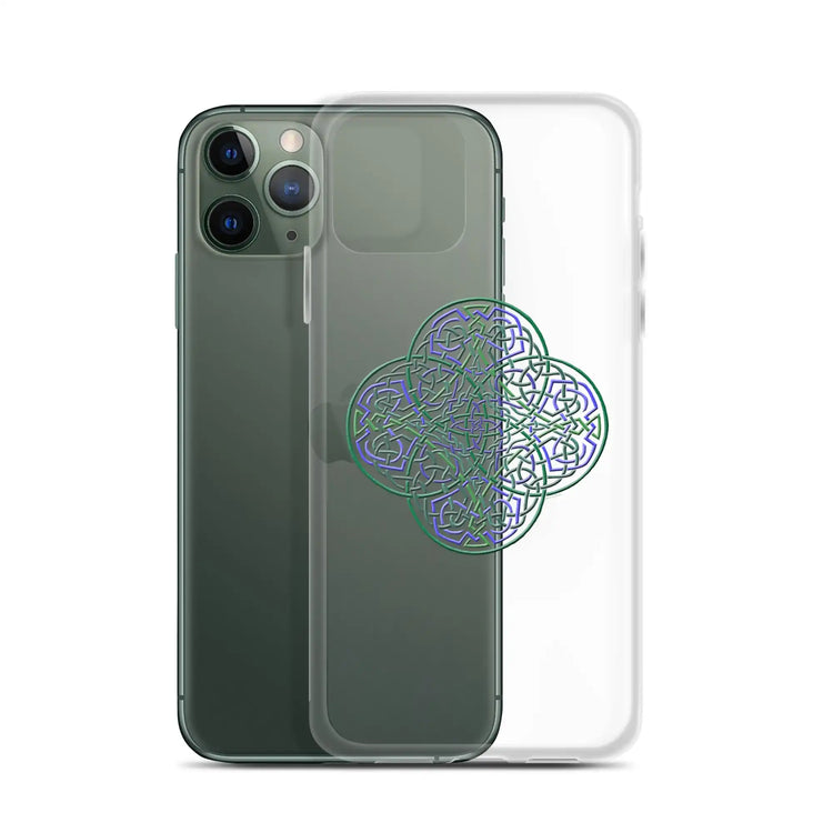 An iPhone 11 Pro behind a Xigfireon clear phone case featuring the Living Colour iteration of the `Reach Of The Spirit` Celtic knot design. The `Reach Of The Spirit` Celtic knot design represents Mother Earth.