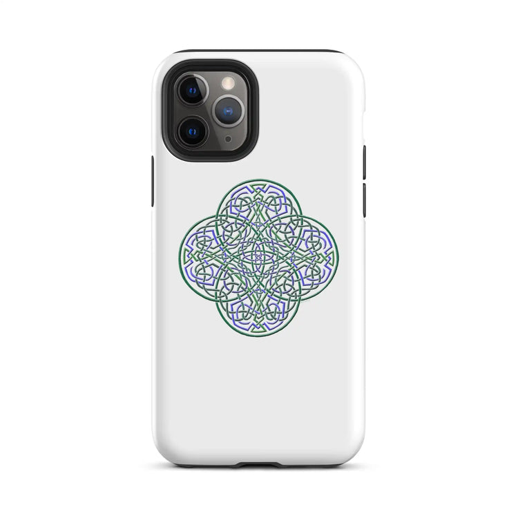 An iPhone 11 Pro in a Xigfireon matte white tough phone case featuring the Living Colour iteration of the `Reach Of The Spirit` Celtic knot design. The `Reach Of The Spirit` Celtic knot design is an Earth symbol.