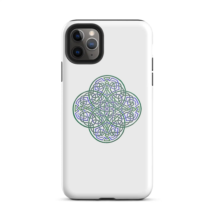 An iPhone 11 Pro Max in a Xigfireon glossy white tough phone case featuring the Living Colour iteration of the `Reach Of The Spirit` Celtic knot design. The `Reach Of The Spirit` Celtic knot design is an Earth symbol.