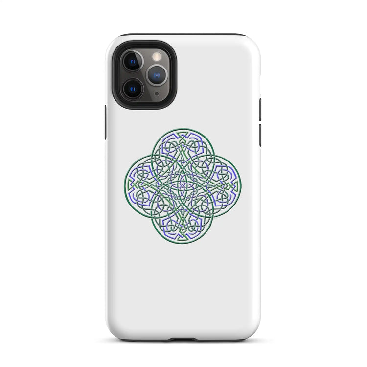 An iPhone 11 Pro Max in a Xigfireon matte white tough phone case featuring the Living Colour iteration of the `Reach Of The Spirit` Celtic knot design. The `Reach Of The Spirit` Celtic knot design is an Earth symbol.